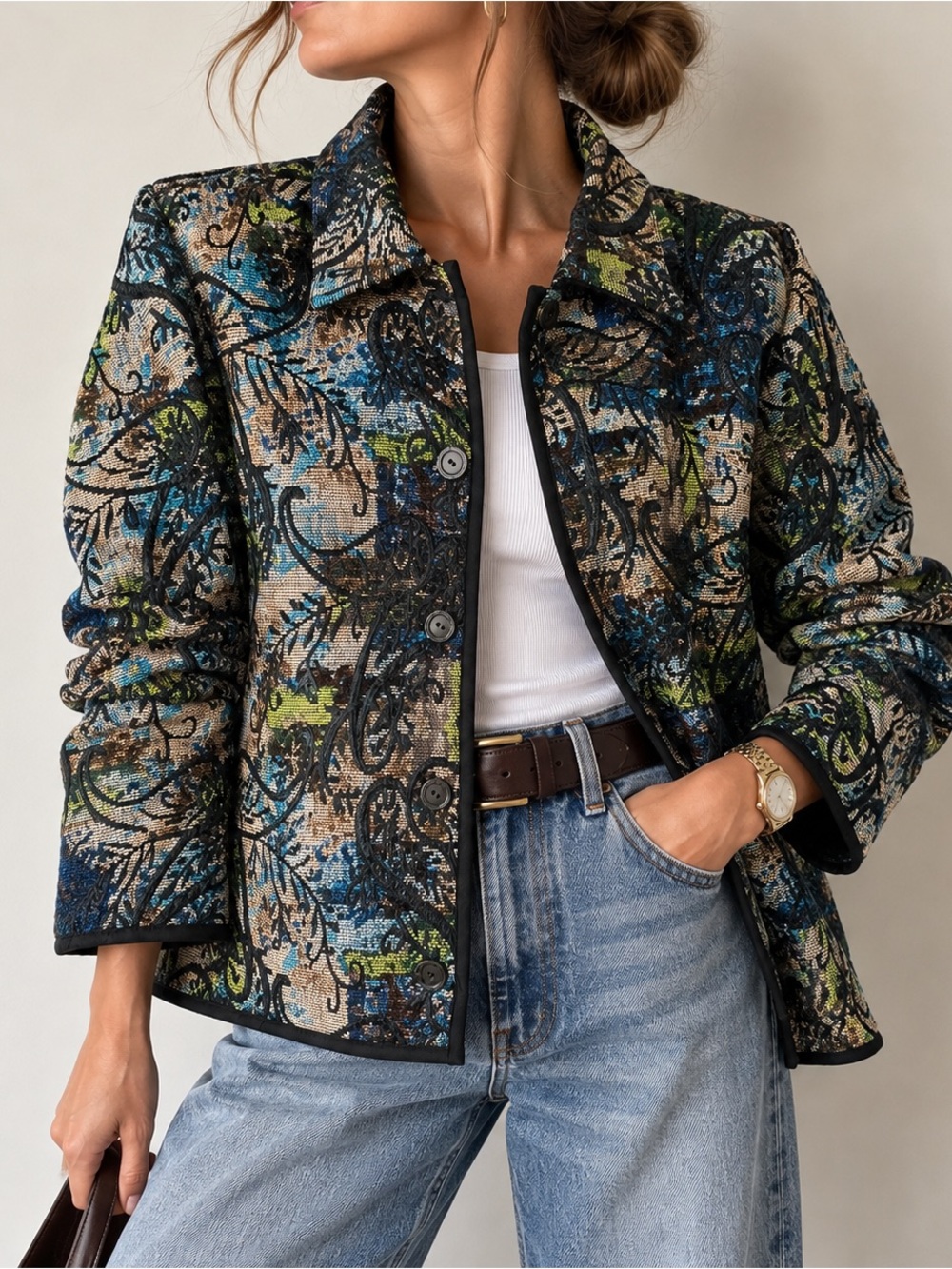 Tapestry Jacquard Jacket Abstract Floral Statement Coat Women’s XL